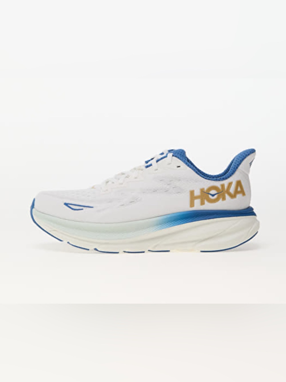 Hoka One Clifton 9 Running Shoes Sneaker White Frost Blue Gold Logo 11 Like New!